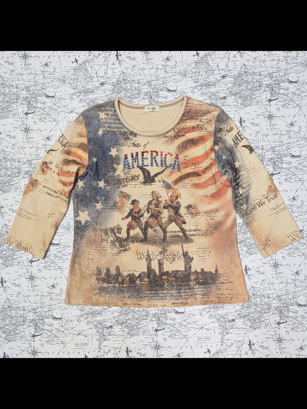 Vintage Cactus America Patriot Rhinestone Graphic Top - Made in USA - Large